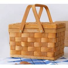 Shein 1pc Handmade Woven Wooden Chip Basket With Cover And Handle For Kitchen Storage, Outdoor Picnic, Shopping Basket 28.5cm