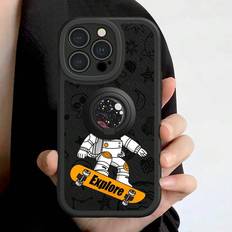 Shein 1 Piece Solid Black Phone Case With Holder For IPhone 11, Cute Astronaut Leather Protection Case For IPhone 13 6.1-Inch, Soft Iphone Case For IPhone 1