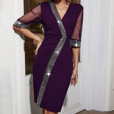 Purple - Short Dresses Shein Women's Contrasting Color Panel & Mesh Sleeve Bodycon Dress