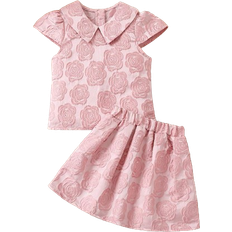 Shein Kids CHARMNG Young Girl Pink Rose Jacquard Doll Collar Short Sleeve Top And Skirt Set