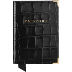 Leather Passport Covers Aspinal of London Passport Cover - Deep Shine Black Croc/Red Suede
