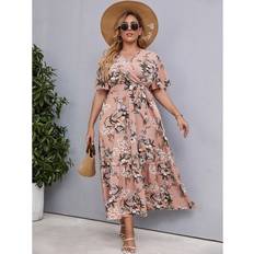 Ruffles Dresses Shein Plus Floral Print Butterfly Sleeve Belted Dress