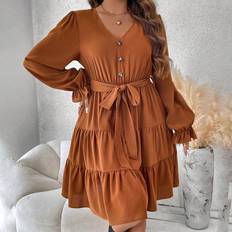 Brown - Florals - Women Dresses Shein Plus Flounce Sleeve Ruffle Hem Belted Dress