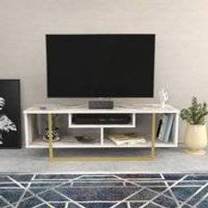 Metal Benches Astona Stand White Marble Effect & Gold TV Bench 120x40cm