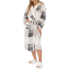 Checkered Sleepwear Dreamscene Check Hooded Dressing Gown Fleece Bathrobe Unisex - Silver Grey