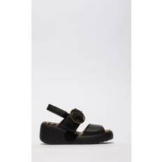 Fly London Slippers & Sandals Fly London Digo Circle Buckle Leather Wedged Sandal Black, Black, 3, Women