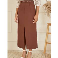Brown - Women Skirts Yumi Tailored Front Split Belted Midi Skirt, Brown