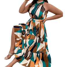 Ruffles Dresses Shein VCAY Plus Geo Print Ruffle Hem Belted Halter Dress