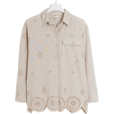 Viscose - Women Tops River Island Women's Stone Linen Blend Broderie Detail Shirt - Beige
