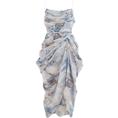 PrettyLittleThing Abstract Print Ruched Drape Midi Dress - Grey