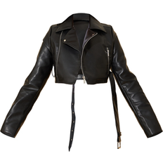 Leather Jackets - Women - XS PrettyLittleThing Faux Leather Super Cropped Belted Biker Jacket - Black