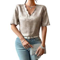 Shein Privé Women's Solid Color Arc Hem V-Neck Short Sleeve Shirt