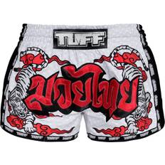 Tuff MRS301 Muay Thai Shorts Retro Style White Double Tiger With Red Text