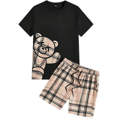 Multicoloured Jumpsuits & Overalls Shein Manfinity Hypemode Men's Checkered Bear Print Short Sleeve T-Shirt And Drawstring Waist Shorts Set