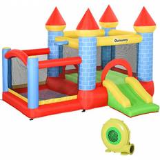 OutSunny Bouncy Castle House Inflatable Trampoline Slide Water Pool Basket 4 in 1 with Blower Basketball Hoop