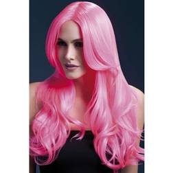 Smiffys Fever Khloe Wig Wavy with Long Fringe Neon Pink