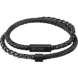 HUGO BOSS Leather & Chain Bracelet - Black