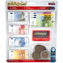 Klein Theo 9605 euro play money with credit card I 37 notes and 11 coins from 1 cent coins to 500 euro notes I Dimensions: 20 cm x 0.5 cm x 20 cm I Toys for children aged 3 and over