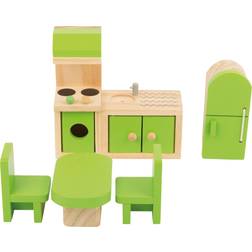 Small Foot 10873 Wooden Furniture Dollhouse, incl. Fridge, Kitchen Unit, Table and Chairs, Suitable for Bending, Ideal Doll Accessories for Children from 3 Years and up