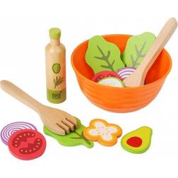 Small Foot 11476 Wooden Set, Children's Vegetarian Play Kitchen Accessory, incl. Bowl, Salad Utensils and Dressing Toys, Multicolored