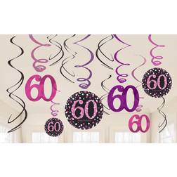 Amscan 9900621 60th Birthday Glittery Pink Hanging Swirl Decorations-(12 Piece) -1 Pack