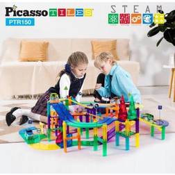 PicassoTiles 50 Piece Race Car Track Building Block Educational Toy Set Magnetic Tiles Magnet DIY Playset 2 Light Up Car STEM Learning Construction Kit Hand-Eye Coordination Fine Motor Skill Training