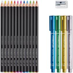 Staedtler Design Journey Black & White Set of Soft Coloured Pencils, Metallic Markers and Sharpener
