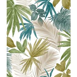 Grandeco (JF3602 Green Teal Blue Gold) Jungle Tropical Wild Metallic Palm Leaves Leaf Wallpaper Exotic Vinyl