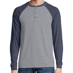 Hanes Beefy-T Long-Sleeve Colorblock Henley T-shirt - Oxford Grey/Navy Heather