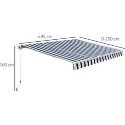 OutSunny Manual Retractable Awning, 3x2.5 m-Blue/White Stripes