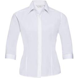 Russell Collection Ladies 3/4 Sleeve Poly-Cotton Easy Care Fitted Poplin Shirt (White)