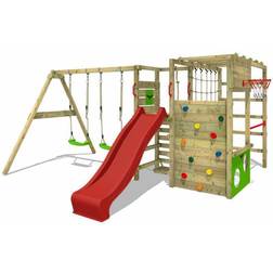 Fatmoose Wooden climbing frame ActionArena with swing set and red slide, Garden playhouse with climbing wall & play-accessories
