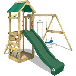 Wickey Wooden climbing frame FreeFlyer with swing set and green slide, Garden playhouse with sandpit, climbing ladder & playaccessories