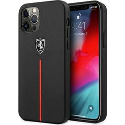 Ferrari Phone Case for iPhone 12 Pro Max in Black with Mid Red Strip, Real Leather Protective & Durable Case with Easy Snap-on, Shock Absorption & Signature Logo