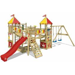 Wickey Wooden climbing frame Smart Queen with swing set and red slide, Knight's playcastle with sandpit, climbing ladder & playaccessories