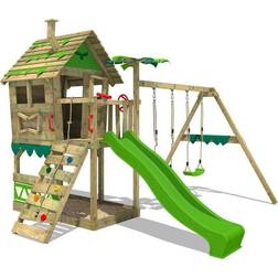 Fatmoose Wooden climbing frame JungleJumbo with apple green slide, Garden playhouse with climbing ladder & playaccessories