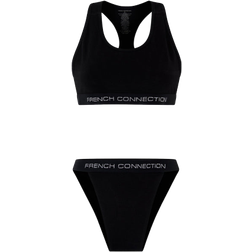 French Connection Lurex Logo Crop Top And Tanga Set - Black/Silver