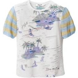 Desigual Women's short-sleeve beach print T-shirt with contrasting sleeves, Ecru