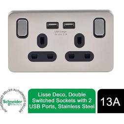 Schneider Electric Lisse Screwless Double Socket usb Ports 13A Stainless Steel