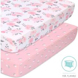 The Peanutshell Playard Fitted Roses & Floral 2-Pack - Pink/White 24x38"