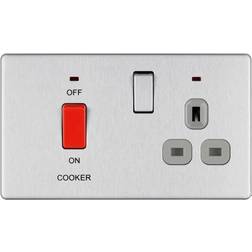 BG Brushed Steel 45A Cooker Connection Unit Switched Socket with Power Indicator Grey Surround Screwless Flatplate