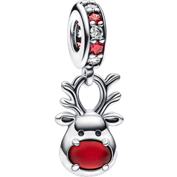 Pandora Nose Reindeer Murano Dangle Charm - Silver/Red/Transparent