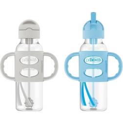 Dr. Brown's Milestones Sippy Straw Bottle with Silicone Handles Blue/Gray 2-Pack