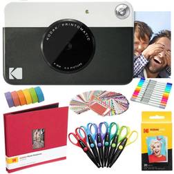 Kodak Printomatic Instant Camera (Black) Zink Paper (20 Sheets) 8x8 Scrapbook 12 Markers 100 Stickers 6 Scissors Washi Tape