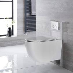 Milano Overton White Ceramic Modern Bathroom Wall Hung Rimless Toilet with Short Wall Frame, Cistern and Chrome Square Flush Plate