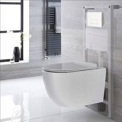 Milano Overton White Ceramic Modern Bathroom Wall Hung Rimless Toilet with Tall Wall Frame, Cistern and White Square Flush Plate