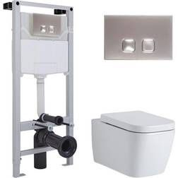 Milano Longton White Ceramic Modern Bathroom Wall Hung Square Toilet WC with Tall Wall Frame, Dual Flush Cistern, Soft Close Seat and Square