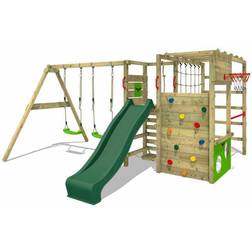 Fatmoose Wooden climbing frame ActionArena with swing set and green slide, Garden playhouse with climbing wall & play-accessories