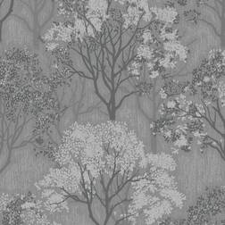 Sublime Woodland Silhouette Metallic Wallpaper Silver Grey Natural
