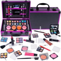 Shany Carry All Makeup Train Case with Pro Teen Makeup Set, Makeup Brushes, Lipsticks, Eye Shadows, Blushes, and more Purple